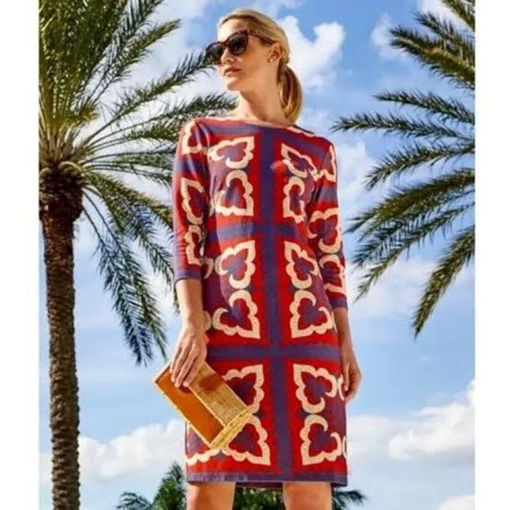 J.Mclauglin "Devon" Dark Red Blue Cream Tapestry Straight Shiloutte Dress Medium